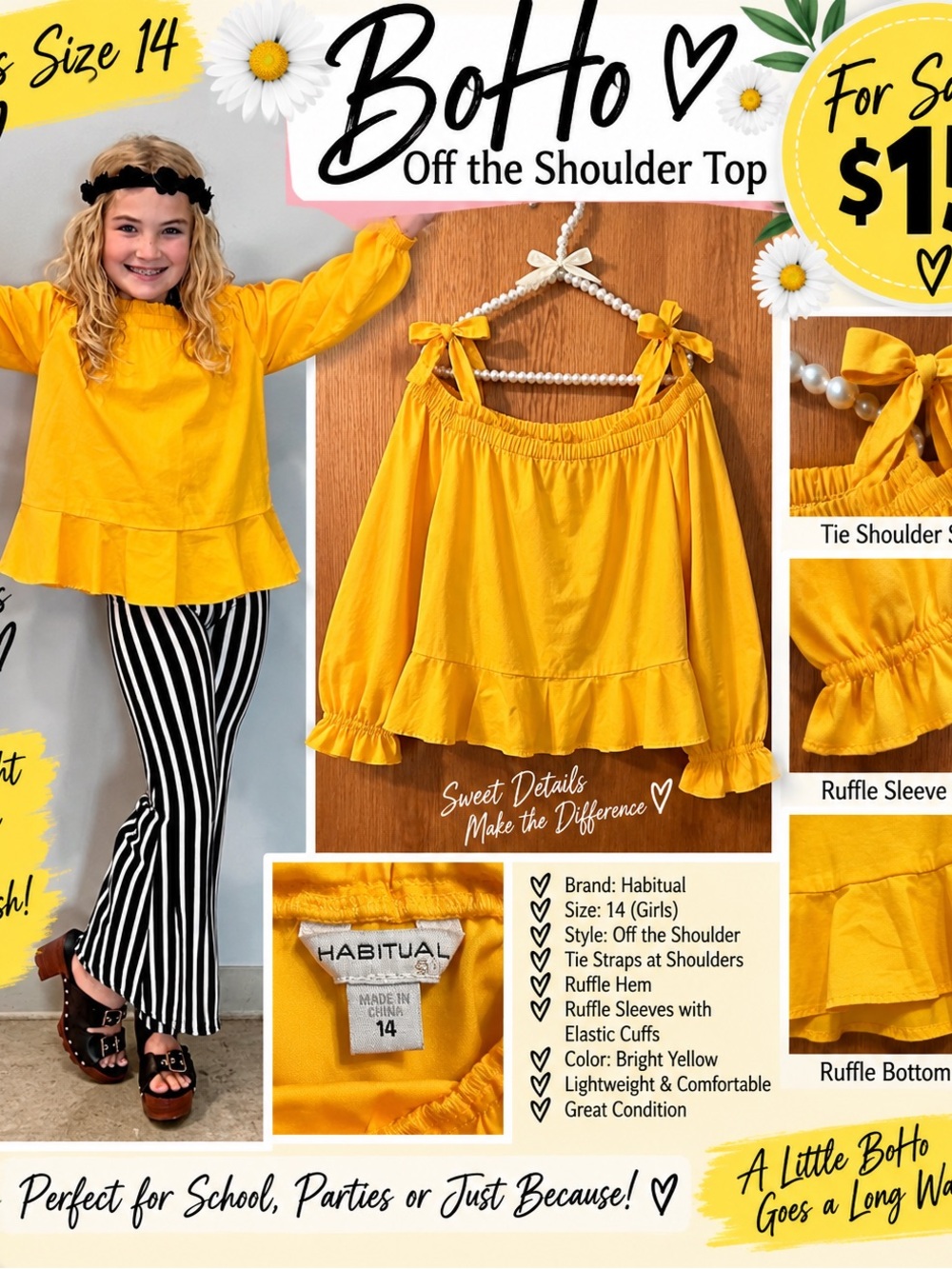 Habitual Girls' Bright Yellow Off-the-Shoulder Boho Top w/ Waist & Sleeve Ruffle